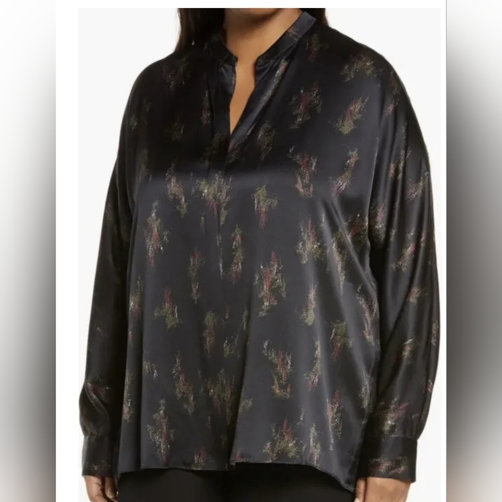 Vince Womens Blouse Plus XXXL Wisteria Print Satin Silk Popover Long Sleeve NWT